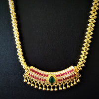 N0163_Elegant Micro Gold plated Necklace set studded  with a touch of pink & green ruby stones with a touch of pearls.