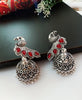 E0499_ Classy German silver oxidized crafted jumkas with peacock design and with a touch of bright red stones (medium size hanging)