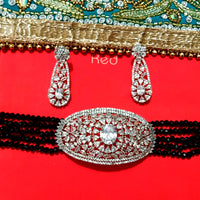 N098_Classy black crystal choker necklace set studded  with  American diamond stones.