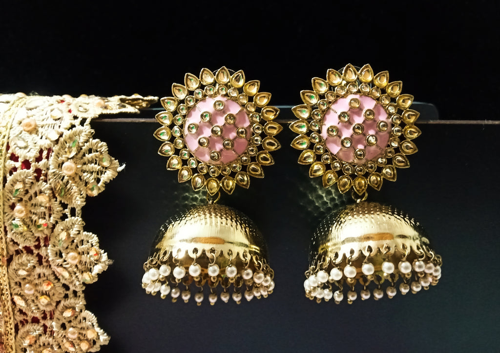 E0872_Classy light weight large in size earring with delicate work of pearl & high quality American diamond studded & Meenakari work.