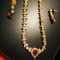 N0186_Elegant Micro Gold plated Necklace with delicate work studded with American Diamond & Semi Precious pink ruby stones