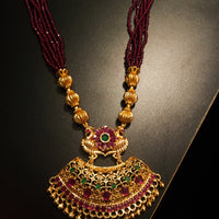 N022_Elegant Micro Gold plated Necklace studded with precious pink & green ruby stones & Magenta colored crystals