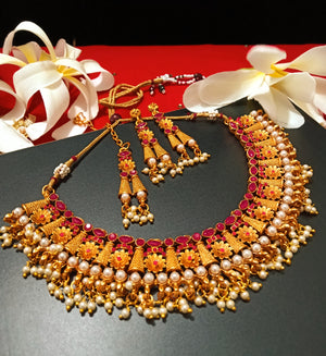 N0193_Gorgeous Temple jewelry style Micro Gold matte polish choker Necklace set along with earrings and maang tika with delicate work studded with a touch of semi Precious pink stones and pearl drops.