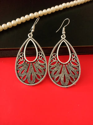 E0523_ Gorgeous German Silver oxidized crafted tear drop earring with delicate art work of beautiful patterns (medium size).