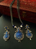 N0217_Classic German Silver Oxidized layered necklace set with delicate work of floral pattern pendant studded with beautiful blue stones.