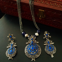 N0217_Classic German Silver Oxidized layered necklace set with delicate work of floral pattern pendant studded with beautiful blue stones.