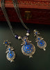 N0217_Classic German Silver Oxidized layered necklace set with delicate work of floral pattern pendant studded with beautiful blue stones.