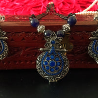 N0217_Classic German Silver Oxidized layered necklace set with delicate work of floral pattern pendant studded with beautiful blue stones.