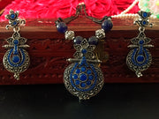 N0217_Classic German Silver Oxidized layered necklace set with delicate work of floral pattern pendant studded with beautiful blue stones.