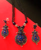 N0217_Classic German Silver Oxidized layered necklace set with delicate work of floral pattern pendant studded with beautiful blue stones.