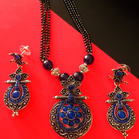 N0217_Classic German Silver Oxidized layered necklace set with delicate work of floral pattern pendant studded with beautiful blue stones.