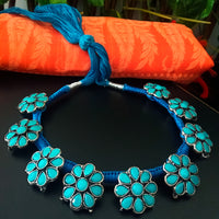 N0232_Vibrant German Silver Oxidized thread choker necklace set with delicate craft work of floral pattern studded with beautiful blue stones.