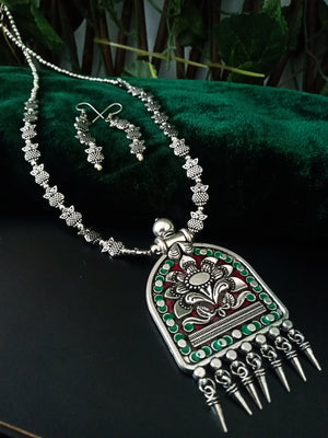 N0240_ Gorgeous German Silver oxidized Tribal crafted necklace with delicate work of floral design over sized pendant with a touch of beads.