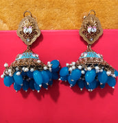 E014_Classy Sky Blue and Golden colored earring with delicate work of pearl and  Meenakari work.