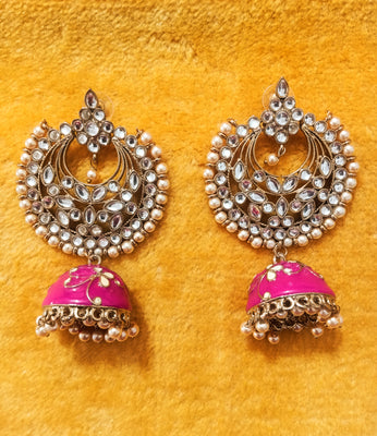 E0849_Classy Pink Colored Jumki Earring with delicate work of pearl and  Meenakari work.