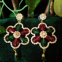 E0544_Gorgeous flower design danglers embellished with a touch of green & red with bead drops (medium size hanging)