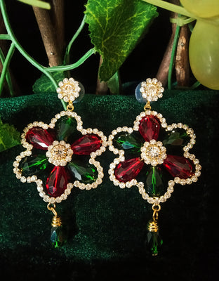 E0544_Gorgeous flower design danglers embellished with a touch of green & red with bead drops (medium size hanging)