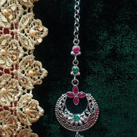 M09_Gorgeous Pink & Green ruby stone studded silver base color Circular shaped Maang Tika with touch of pearls.