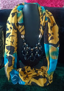 P033_Beautiful Soft mustard yellow & blue touch patterns scarf with glossy Pendants.