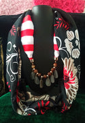 P034_Beautiful Soft red & black pattern pendant scarf with glossy beads.