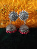 E0612_Beautiful German Silver oxidized crafted flower design jumkas  with a touch of red color bead drops (medium size).