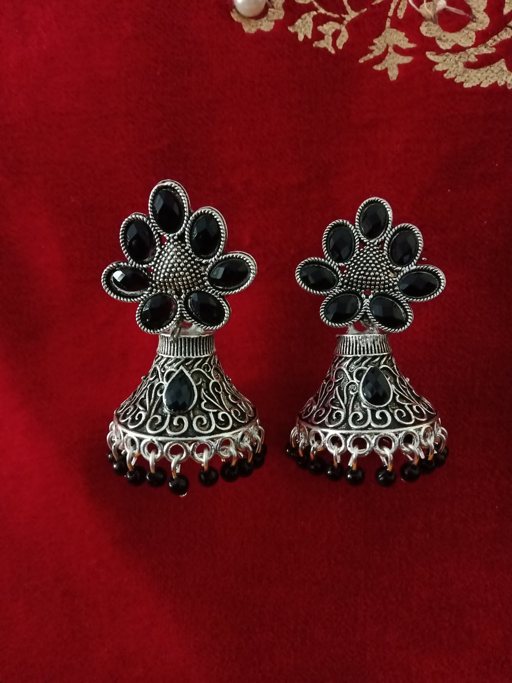 E0619_Lovely German Silver oxidized crafted jumkas with flower design with a touch of black stones & bead drops(ear drop hangings).