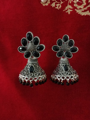 E0619_Lovely German Silver oxidized crafted jumkas with flower design with a touch of black stones & bead drops(ear drop hangings).