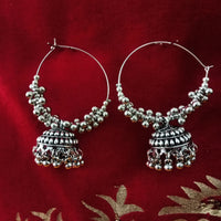 E0627_Classy German Silver oxidized crafted hoops along with jumka drops (medium size hanging)