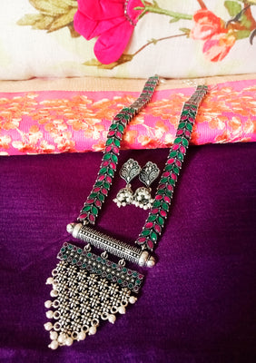 N084_Exquisite German silver oxidized necklace set studded with pink and green ruby stones