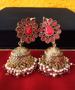 E0110_Gorgeous Meenakari jumka studded with semi precious red stones and small beads.