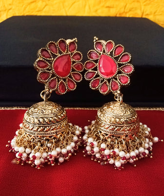 E0110_Gorgeous Meenakari jumka studded with semi precious red stones and small beads.