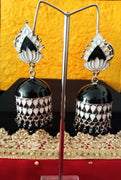 E0632_Gorgeous white and black enamel color Meenakari jumkas with a touch of black beads.