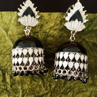 E0632_Gorgeous white and black enamel color Meenakari jumkas with a touch of black beads.