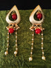 E0634_Beautiful crafted tear drop shaped danglers with chain drops with a touch of pearls and glossy red beads.