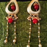 E0634_Beautiful crafted tear drop shaped danglers with chain drops with a touch of pearls and glossy red beads.