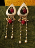 E0634_Beautiful crafted tear drop shaped danglers with chain drops with a touch of pearls and glossy red beads.