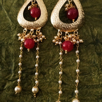 E0634_Beautiful crafted tear drop shaped danglers with chain drops with a touch of pearls and glossy red beads.