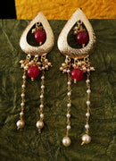 E0634_Beautiful crafted tear drop shaped danglers with chain drops with a touch of pearls and glossy red beads.