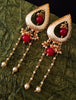 E0634_Beautiful crafted tear drop shaped danglers with chain drops with a touch of pearls and glossy red beads.