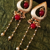 E0634_Beautiful crafted tear drop shaped danglers with chain drops with a touch of pearls and glossy red beads.