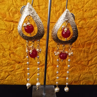 E0634_Beautiful crafted tear drop shaped danglers with chain drops with a touch of pearls and glossy red beads.