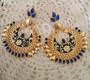 E0637_Golden crafted circular danglers with delicate designs with a touch of blue stones.