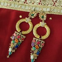 E0639_Gorgeous Grand Golden danglers with a touch of multi color stones with delicate art work.