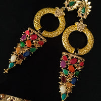 E0639_Gorgeous Grand Golden danglers with a touch of multi color stones with delicate art work.