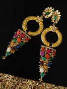 E0639_Gorgeous Grand Golden danglers with a touch of multi color stones with delicate art work.