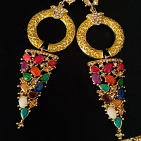 E0639_Gorgeous Grand Golden danglers with a touch of multi color stones with delicate art work.