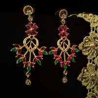 E0644_Gorgeous flower design danglers studded with american diamond stones with a touch of green and pink ruby stones.