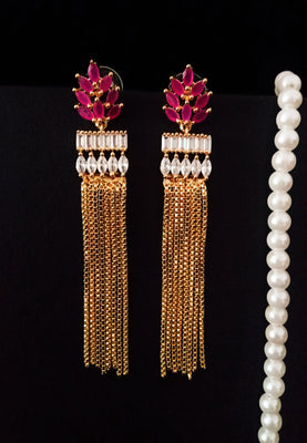 E0650_Classic Chain drop earrings studded with american diamond stones & ruby stones.