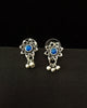 E0661_Lovely german silver oxidized flower design earrings with a touch of blue stones and bead drops.