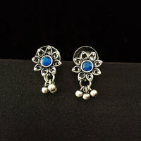 E0661_Lovely german silver oxidized flower design earrings with a touch of blue stones and bead drops.